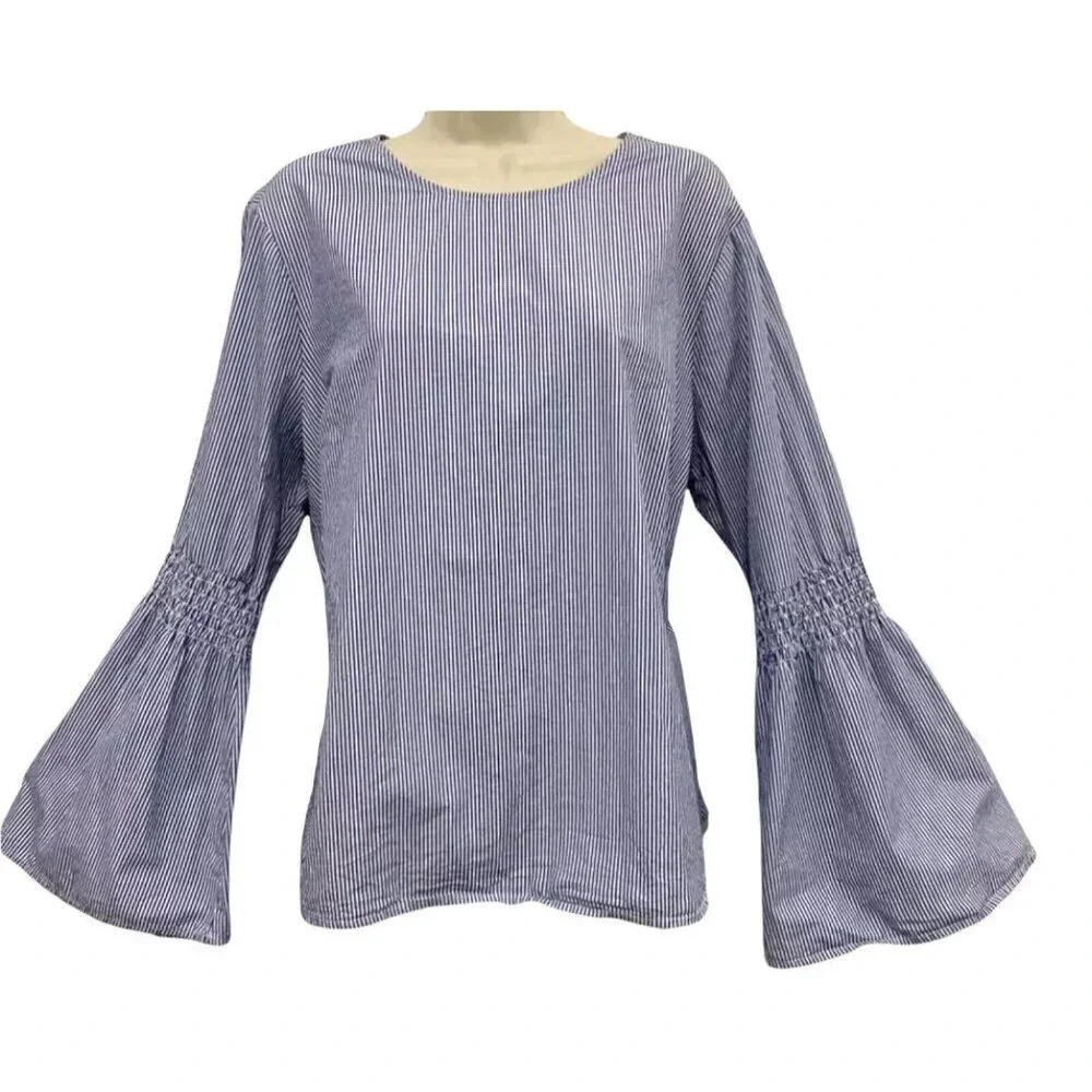 Beach Lunch Lounge Blue Striped Blouse Bell Sleeves Gathered Elbow Size XL